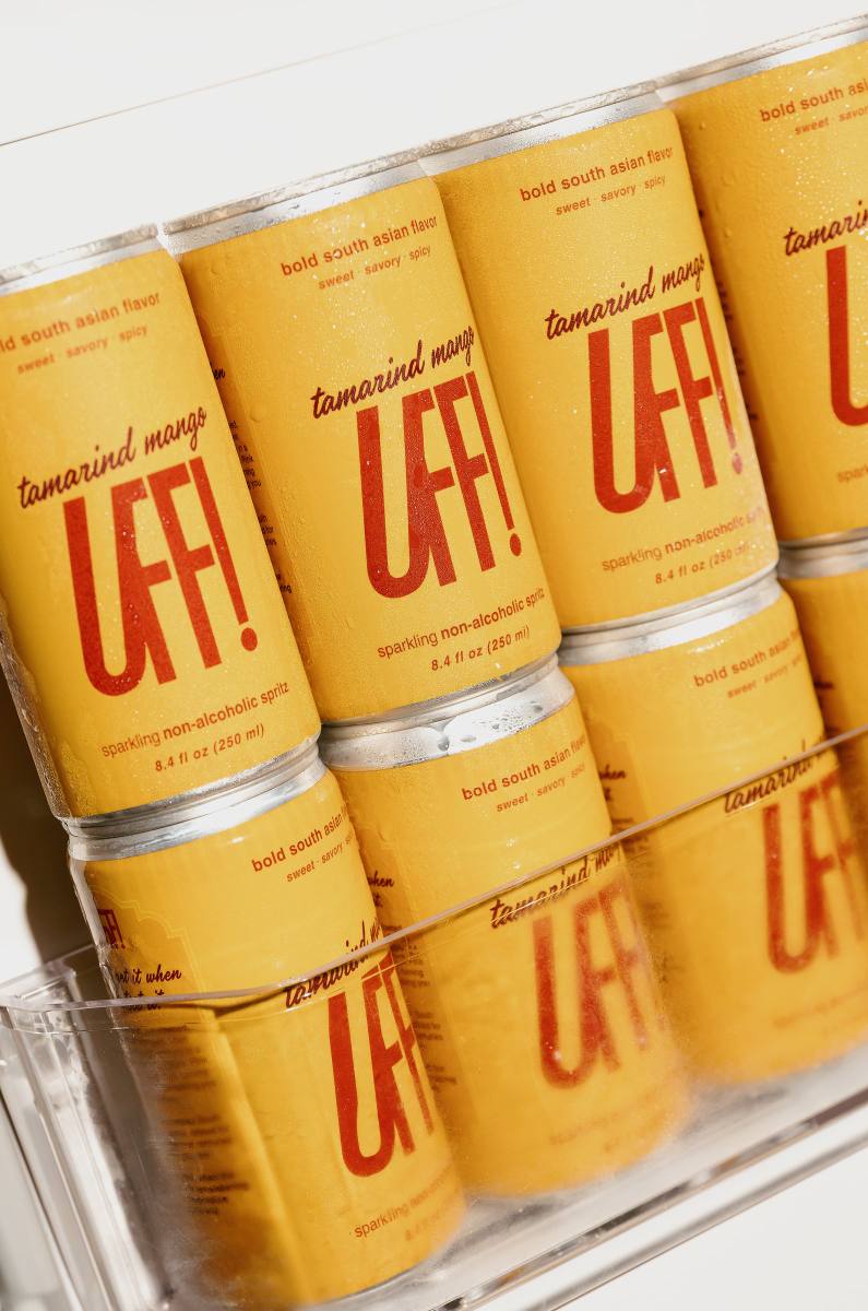 UFF! Tamarind Mango cans stacked cold in the fridge